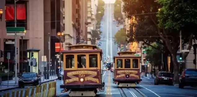 Cable Cars Driving Down California Street