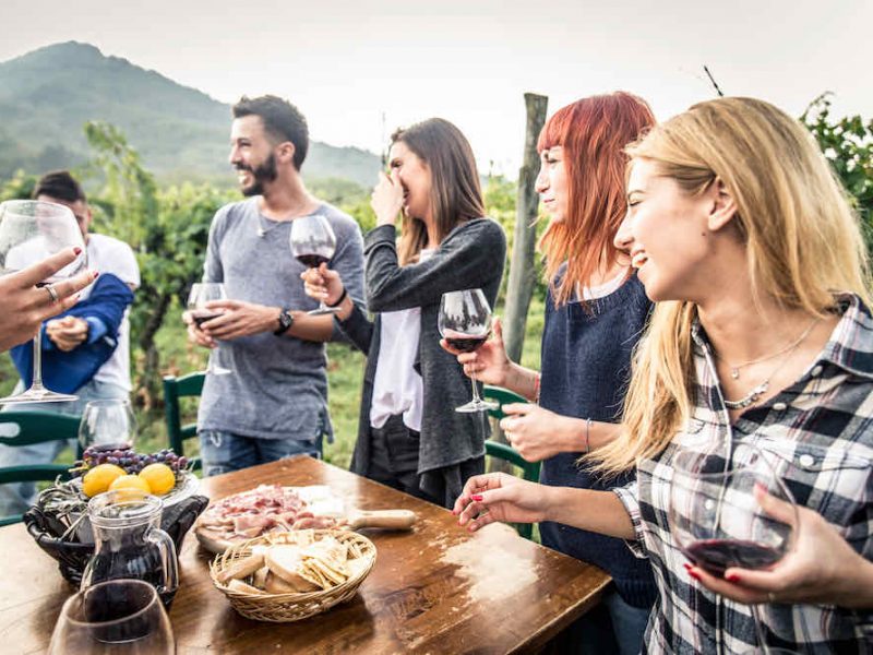 Group of friends enjoying a winery tour