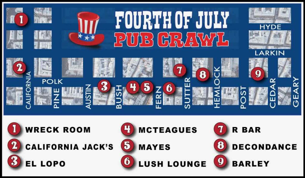 Map for the Independence Day Pub Crawl in San Francisco