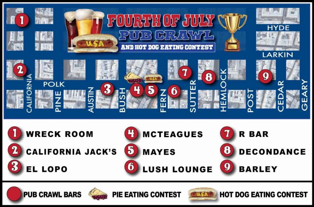 Map for the Fourth of July Pub Crawl in San Francisco