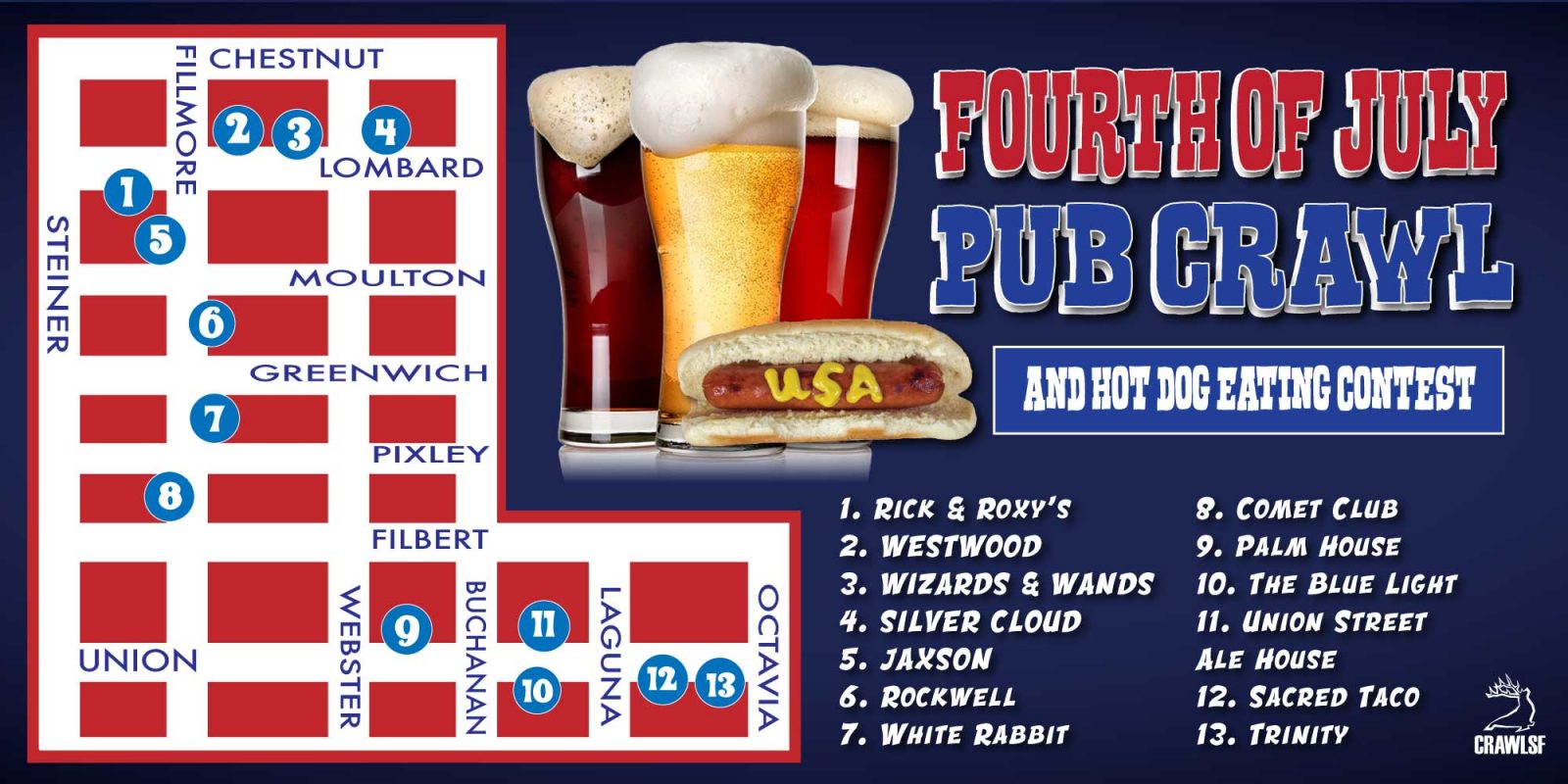 Fourth of July San Francisco Pub Crawl Map