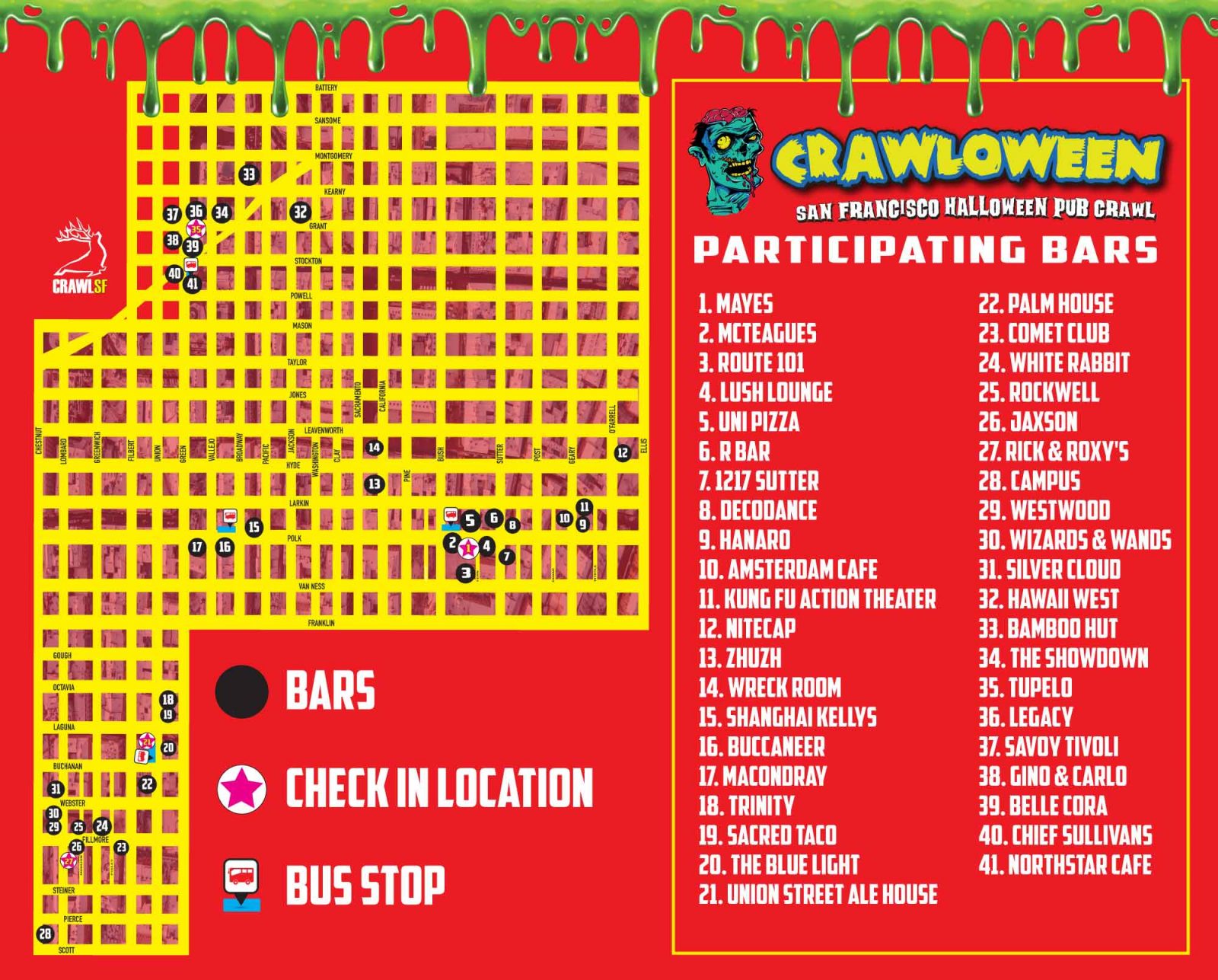 Halloween Pub Crawl Map San Francisco for Saturday, October 26