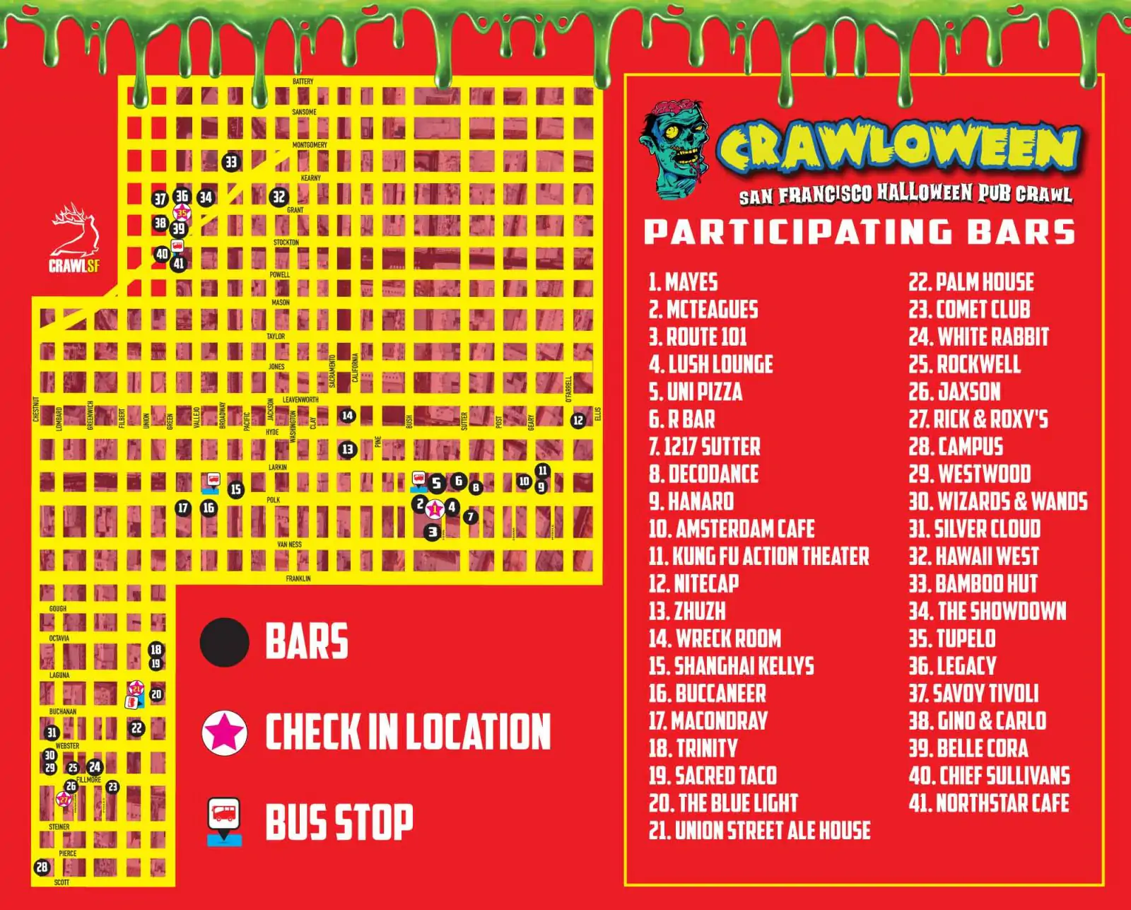 Halloween Pub Crawl Map San Francisco for Saturday, October 26