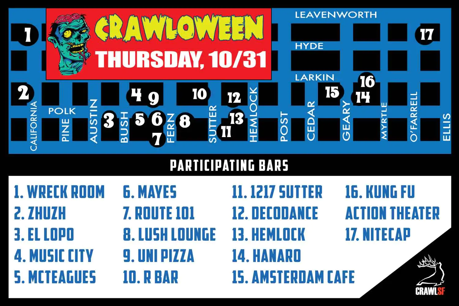 San Francisco Halloween Pub Crawl Map for Thursday, October 31