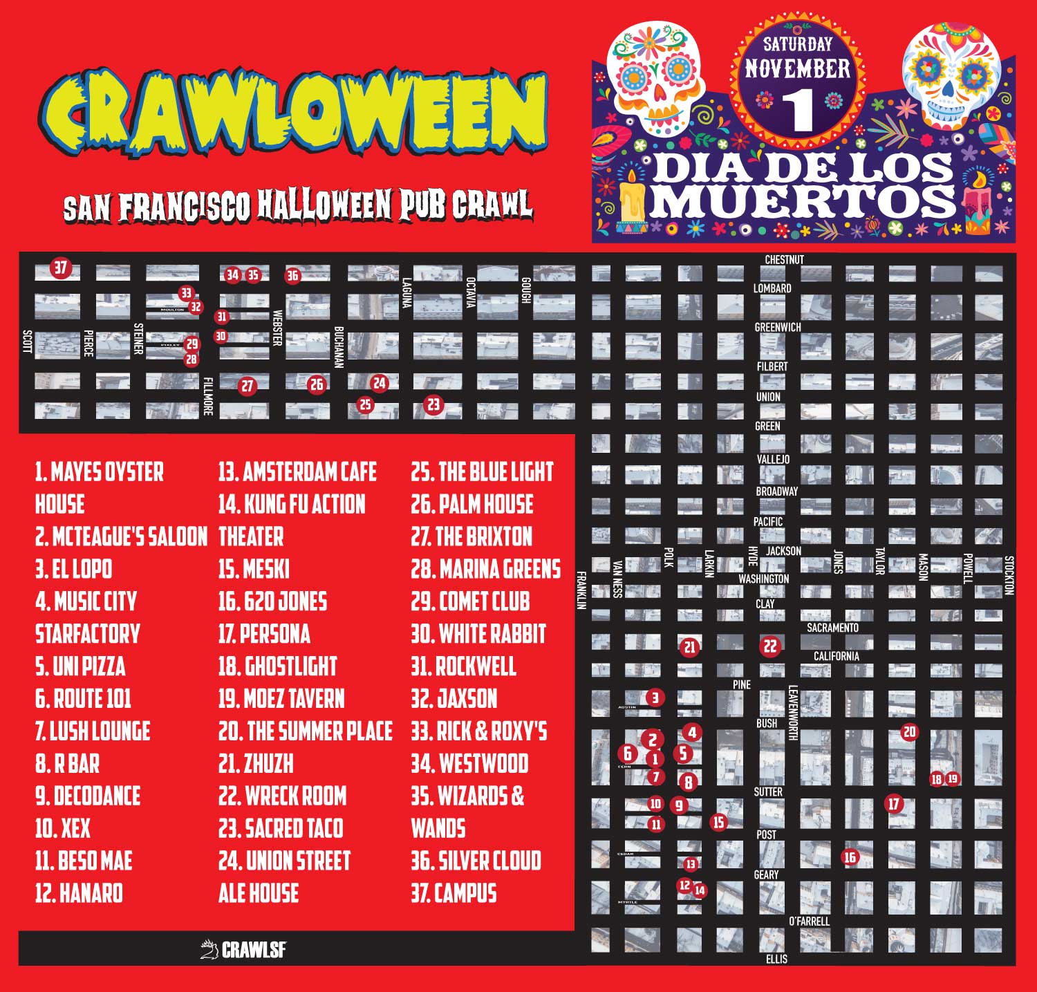Halloween Pub Crawl San Francisco Map Dia De Los Muertos