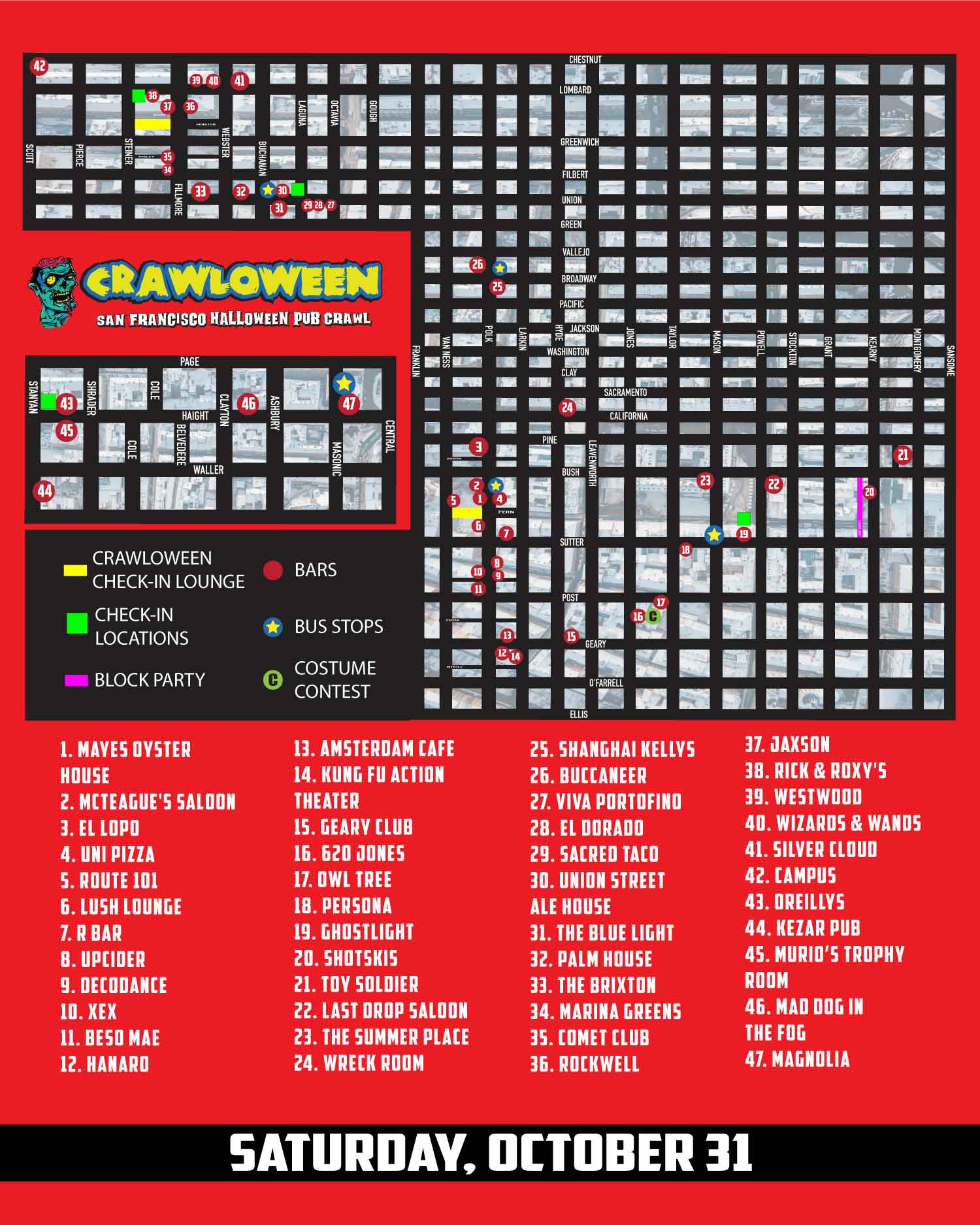 Halloween Pub Crawl Map 2026 - Saturday