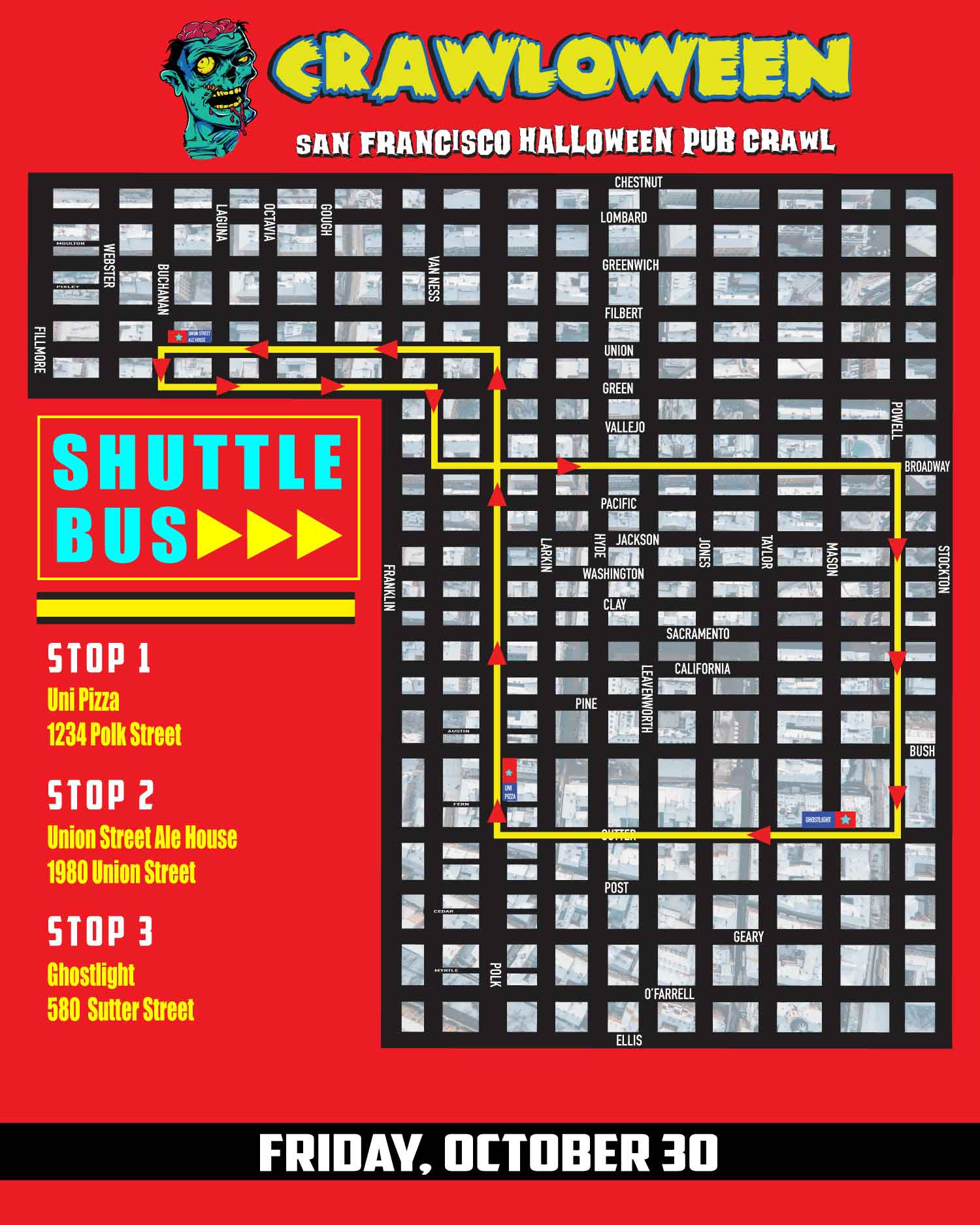 Crawloween Shuttle Bus Map 2026 - October 30