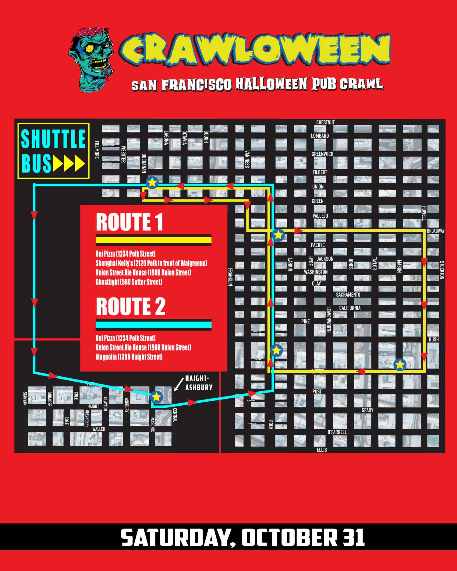 2026 Halloween Pub Crawl Shuttle Bus Map - Saturday, October 31