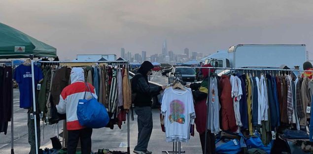 Vendors and shoppers at the Alameda Point Antiques Faire