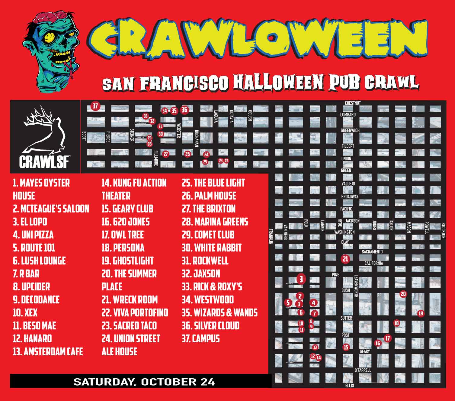 San Francisco Halloween Pub Crawl Map - October 24, 2026